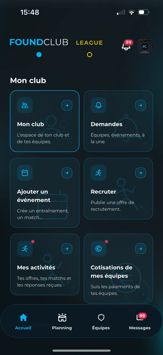 Accueil dirigeant de l'application FoundClub : mon club, demandes, ajouter un événement, recruter, mes activités, cotisations de mes équipes