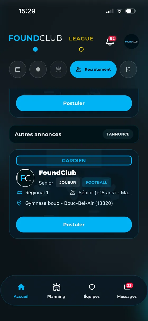 Côté joueur : les annonces de recrutement, avec le bouton « Postuler »