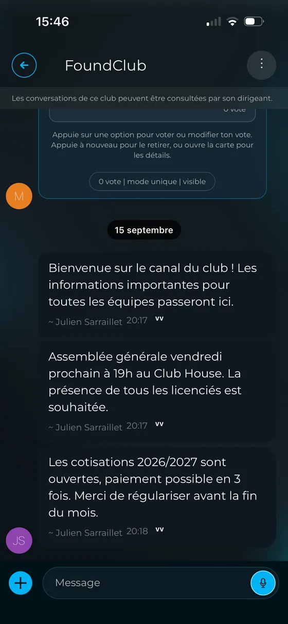 Côté dirigeant : les annonces du club, et le champ pour écrire
