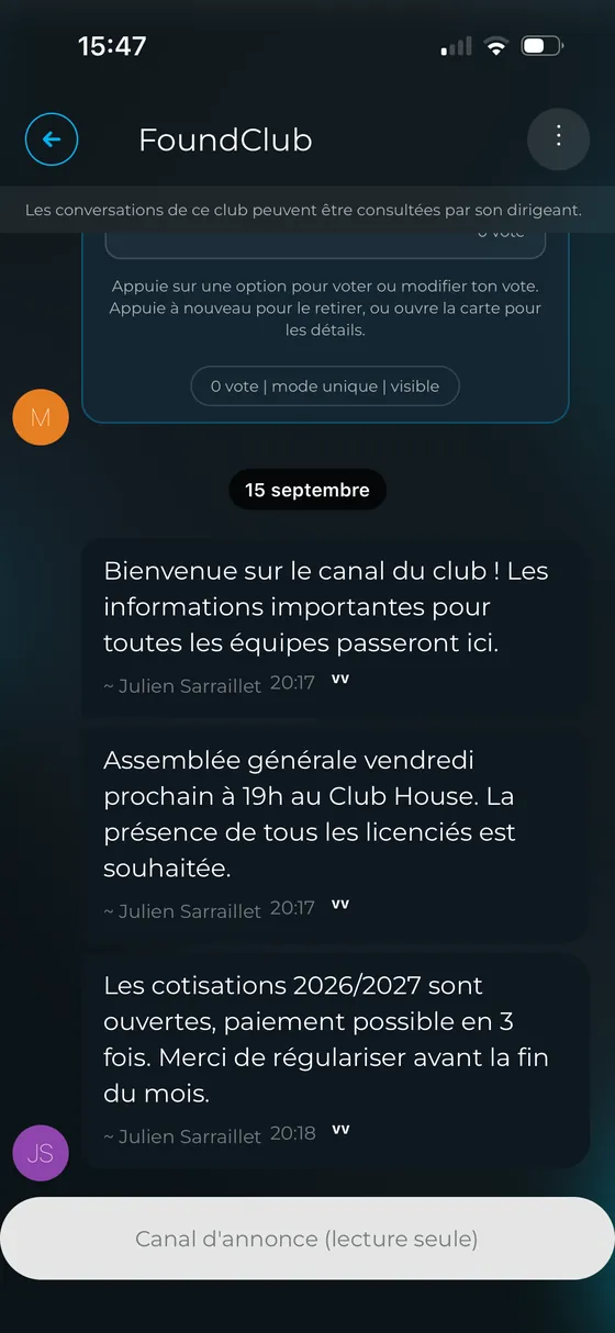 Côté joueur : le même canal, marqué « Canal d'annonce (lecture seule) »