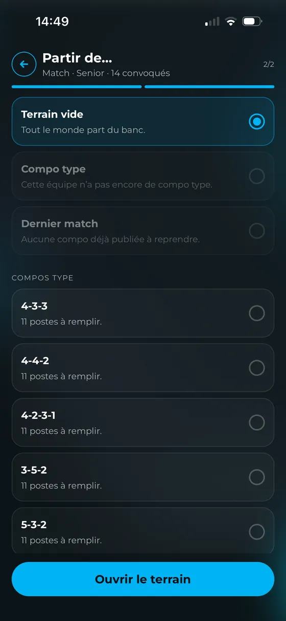 Étape 2 : partir d'un terrain vide, d'une compo type ou du dernier match