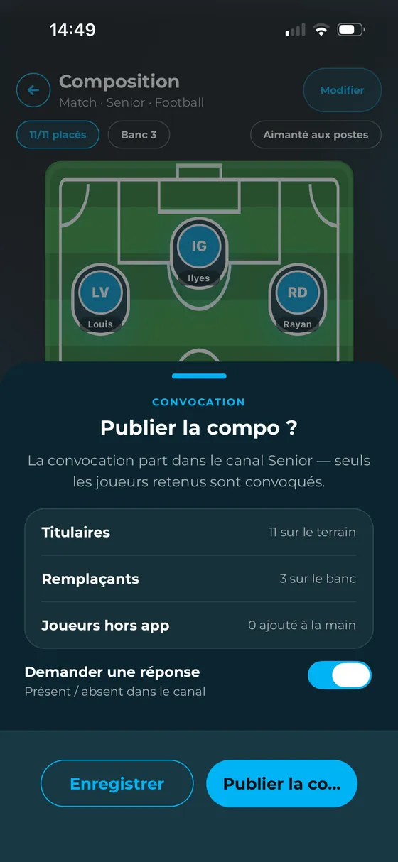 Étape 4 : « Publier la compo ? », titulaires, remplaçants et demande de réponse