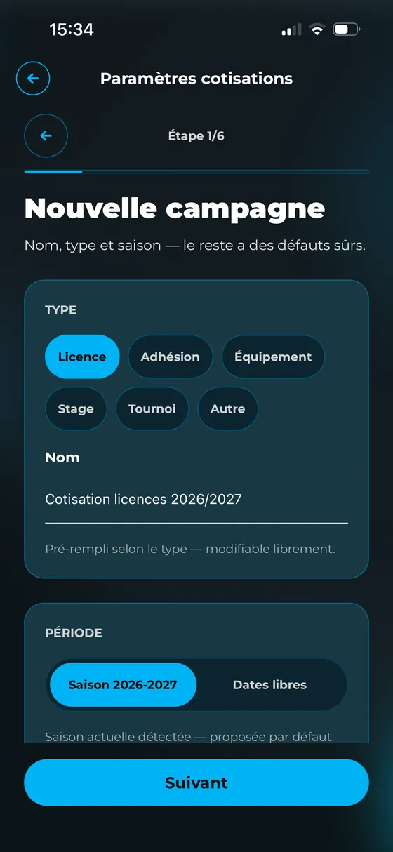 Lancer une campagne : licence, adhésion, équipement, stage ou tournoi