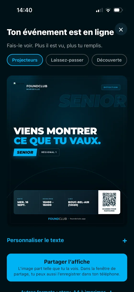 Étape 4 : « Ton événement est en ligne », l'affiche de la détection avec son QR code, prête à partager