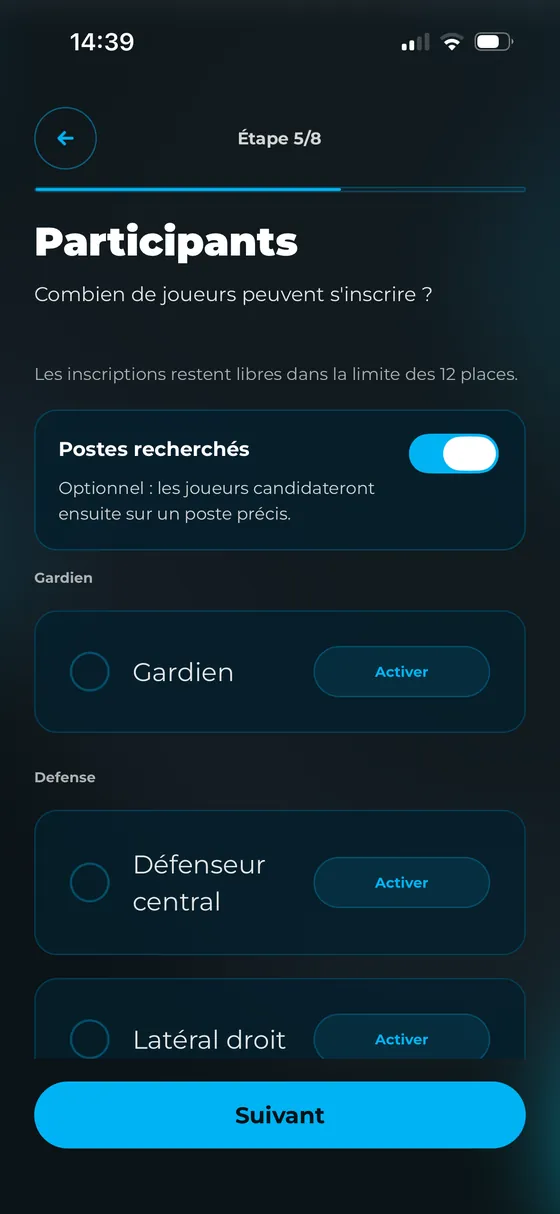 Étape 3 : activer les postes recherchés, gardien, défenseur central, latéral droit