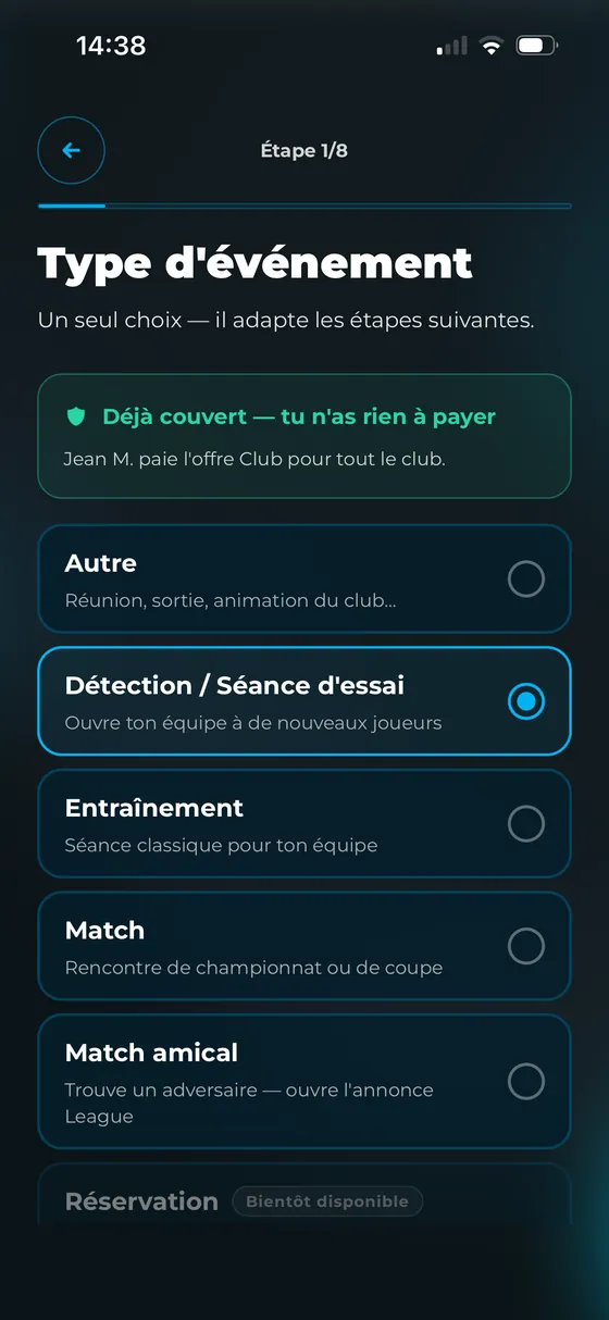 Étape 2 : choisir le type « Détection / Séance d'essai »