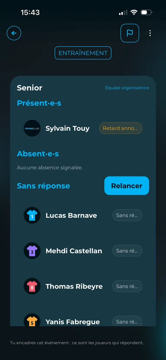 Côté dirigeant : présents, absents, sans réponse, et le bouton « Relancer »