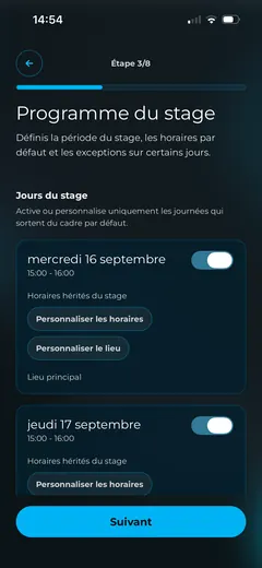 Le programme d'un stage, jour par jour