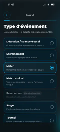 Le choix du type d'événement : détection, entraînement, match, match amical, stage, tournoi