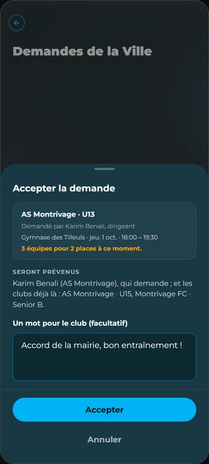 Fenêtre Accepter la demande sur téléphone : qui sera prévenu, et un mot pour le club
