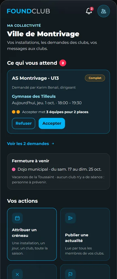 Accueil de la Ville sur téléphone : une demande d'AS Montrivage avec Refuser et Accepter, une fermeture à venir, les actions