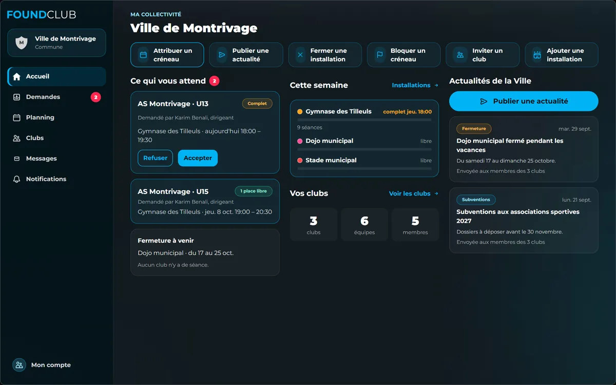 Accueil de la Ville sur ordinateur : menu Accueil, Demandes, Planning, Clubs, Messages, Notifications ; six actions ; deux demandes en attente ; la semaine du Gymnase des Tilleuls ; trois clubs ; deux actualités