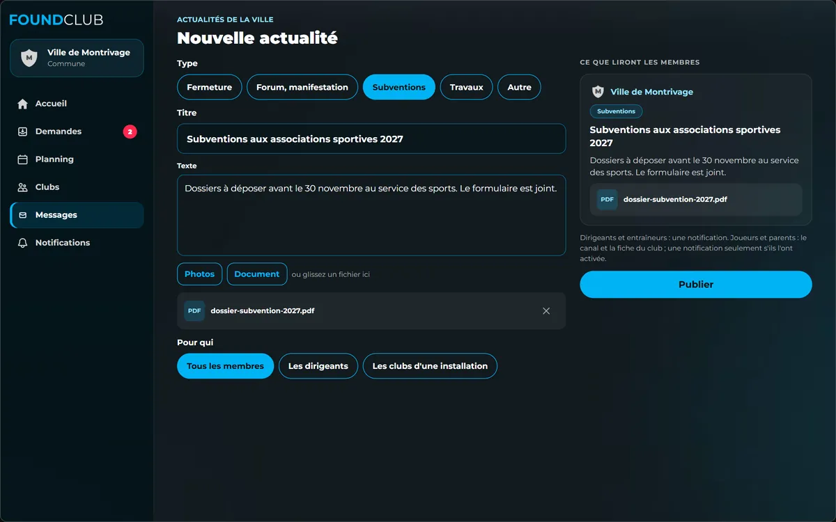 Nouvelle actualité : type Subventions, titre, texte, document joint, pour tous les membres ; à droite, ce que liront les membres