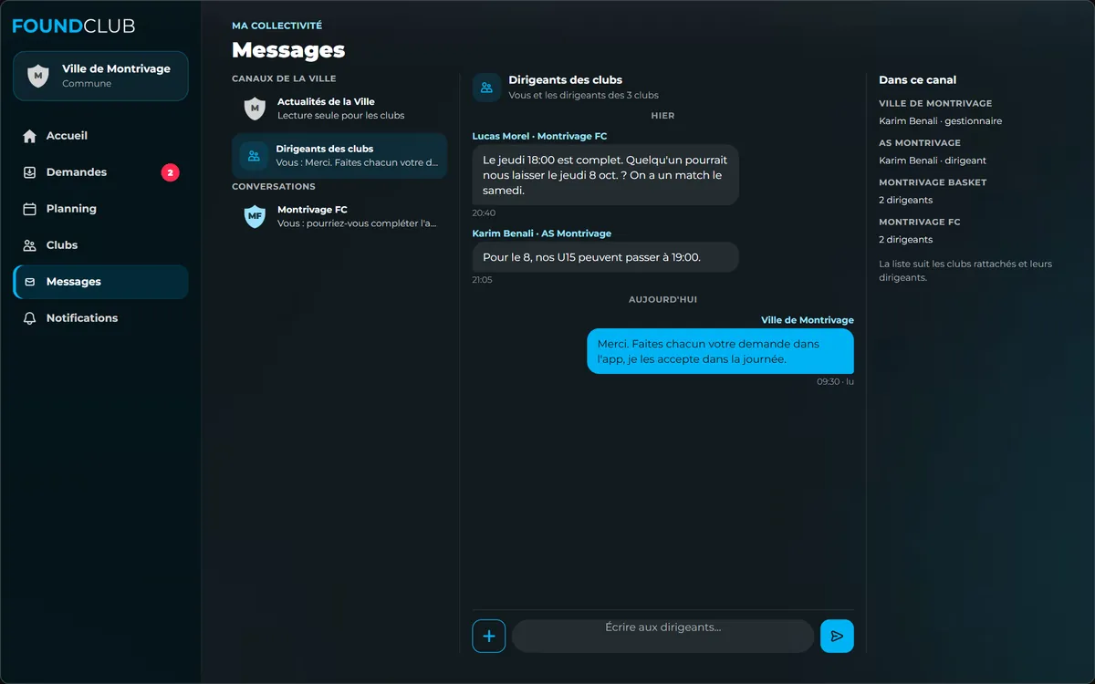 Messages de la Ville : le canal des dirigeants des clubs, avec les messages des dirigeants et la réponse de la Ville