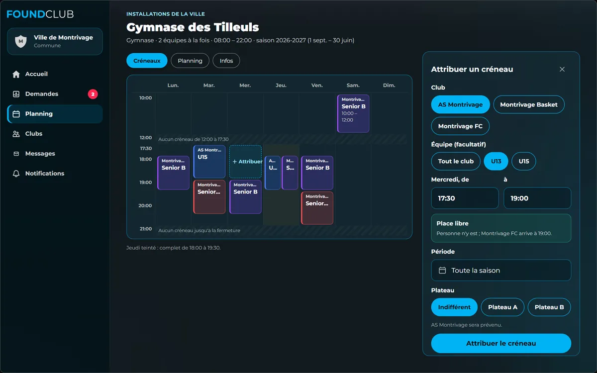 Gymnase des Tilleuls, onglet Créneaux : la semaine type et le panneau Attribuer un créneau (club, équipe facultative, jour, heures, période)