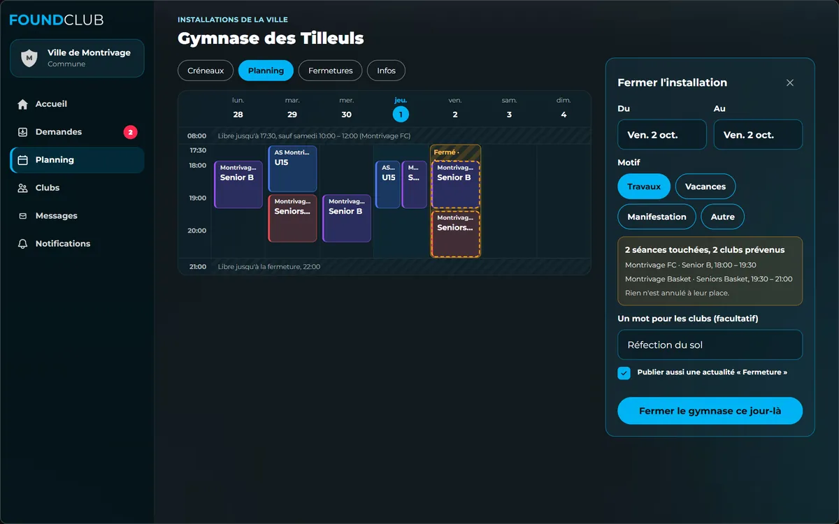 Fermer l'installation : dates, motif Travaux, séances touchées et clubs prévenus, un mot pour les clubs, publier aussi une actualité Fermeture