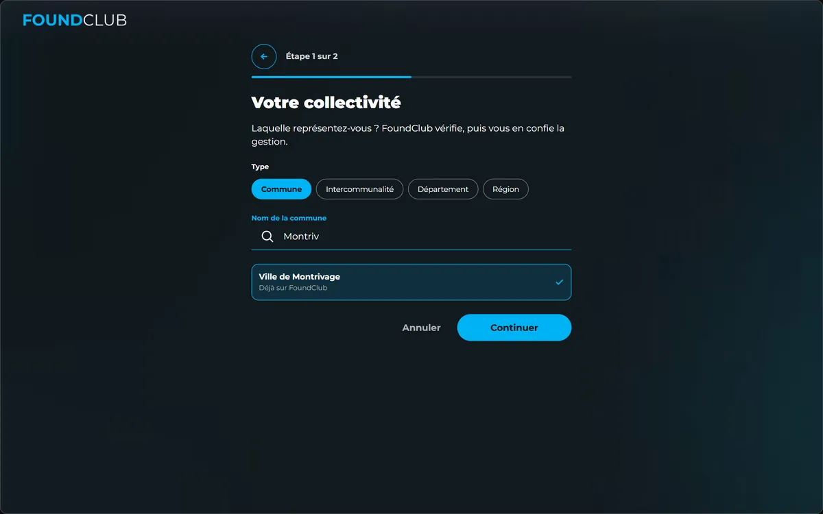 Inscription, étape 1 sur 2 : votre collectivité, type Commune, recherche du nom de la commune