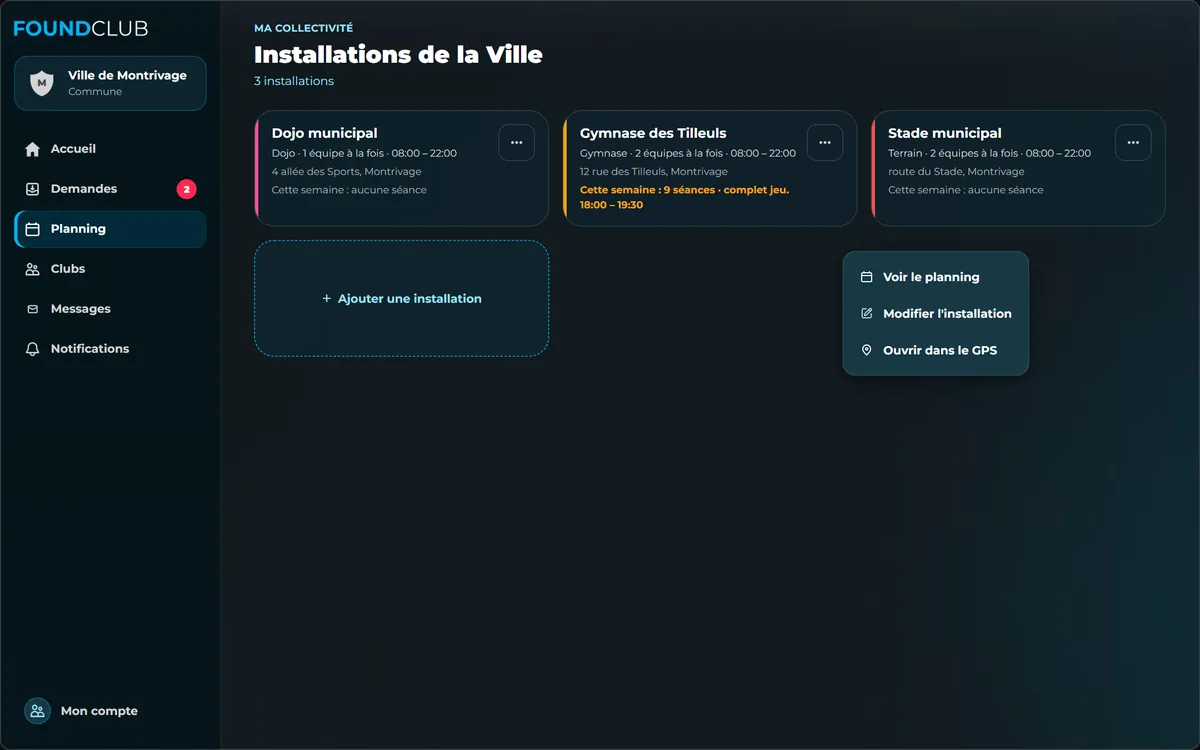 Installations de la Ville : Dojo municipal, Gymnase des Tilleuls, Stade municipal, et Ajouter une installation
